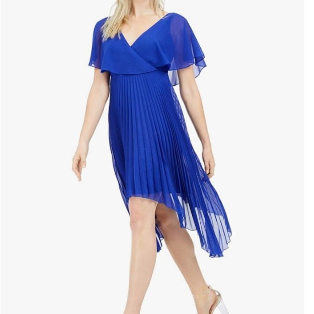 Kensie Womens Chiffon Knife Pleated V-Neck Surplice‎ Dress, Blue, NWT